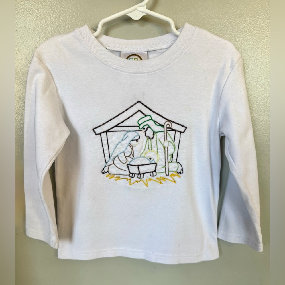 Toddler 4T Nativity Manger Scene Embroidered Christmas White LS T-Shirt Boy Girl